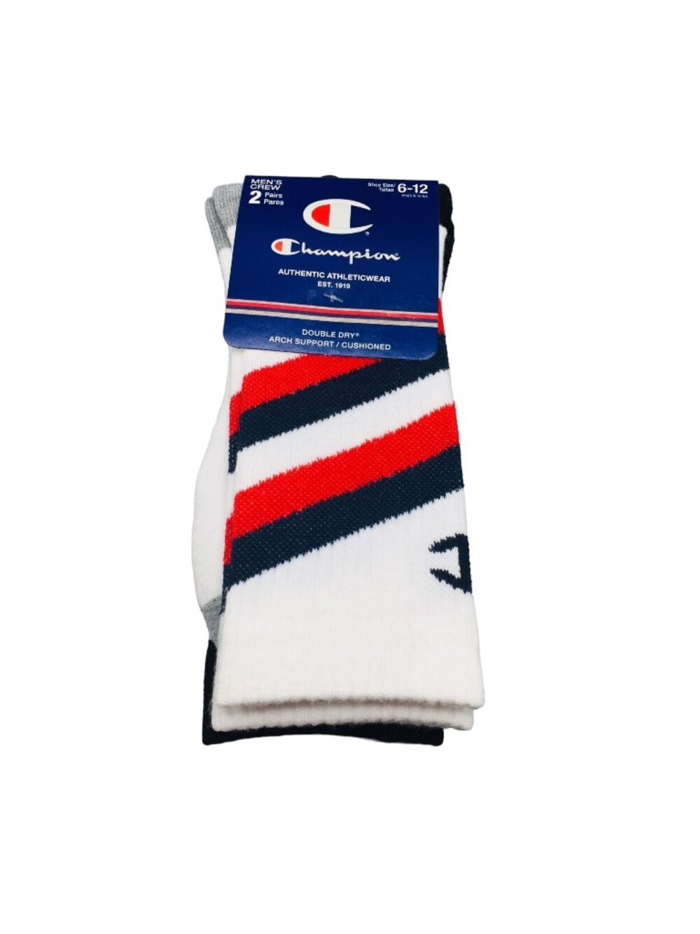 Champion Men's Crew Socks Size 6-12 Navy Red Gray White 2 Pairs